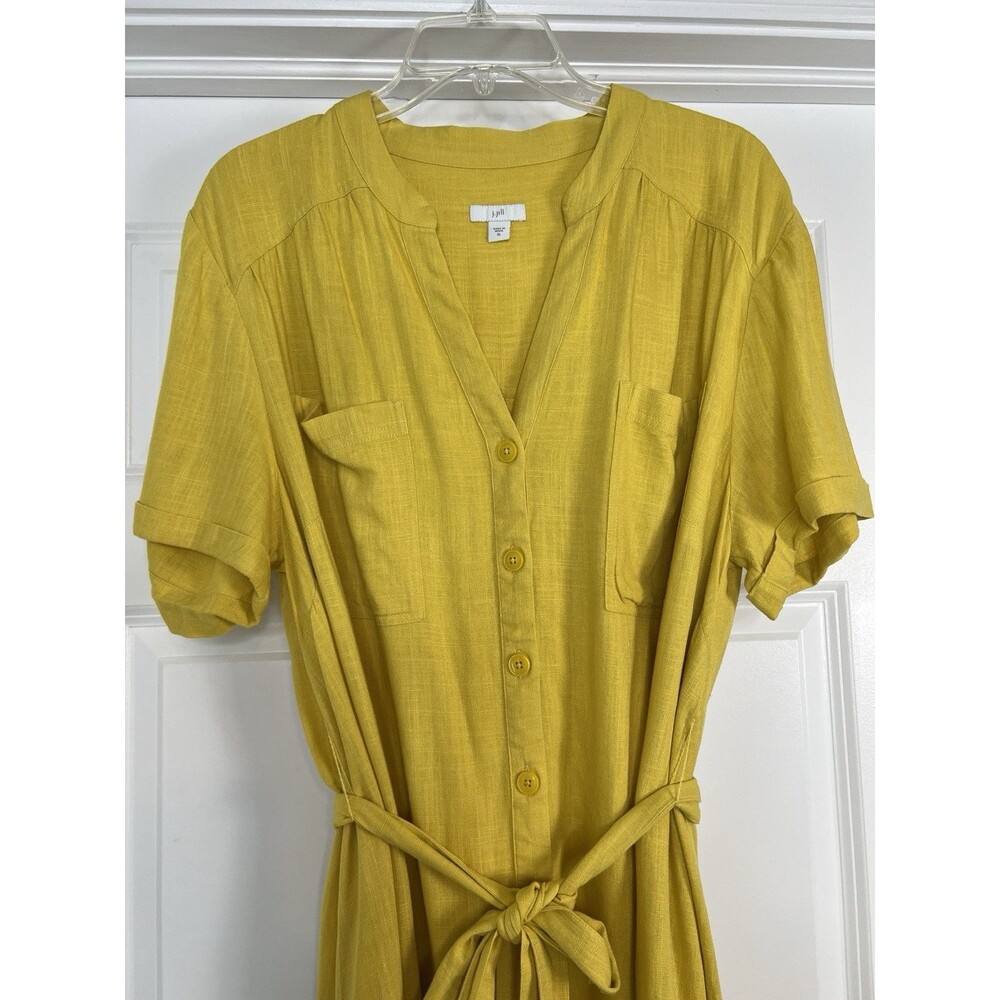 J Jill Shirt Dress XL Yellow Linen Blend Button Front Waist Tie Coastal Resort - Picture 2 of 11